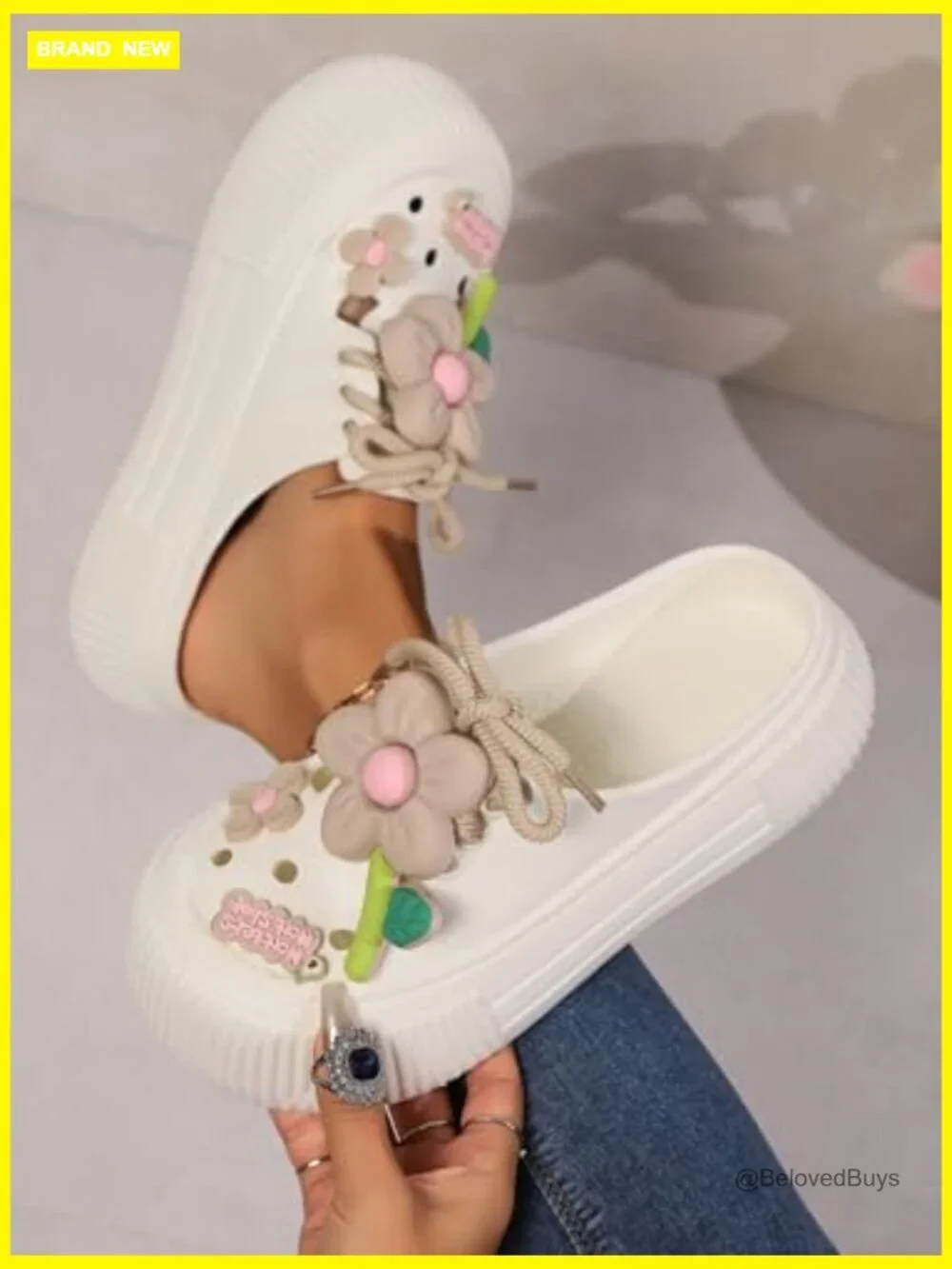 Platform Slide Sandals with Bow and Flower Charms, Cushioned Footbed